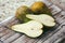 Set of fresh conference pears on wooden background.