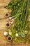 Set of fresh fragrant herbs for pickling. Dry spices, sea salt, ripe young onion and garlic