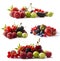 Set of fresh fruits and berries. Fruits and berries isolated on white background. Ripe currants, raspberries, cherries, strawberri