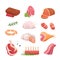 Set fresh meat products. Steak in cartoon style. Vector isolated illustration beef steak, pork sausage, ham, bacon slice