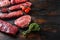 Set of fresh raw alternative beef steaks flap flank Steak, machete steak or skirt cut, Top blade or flat iron beef and tri tip,