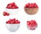 Set of fresh ripe tasty raspberries in bowls on background