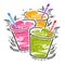 Set, fresh smoothies in different colors. Superfoods and health or detox diet food concept in doodle style. Detox