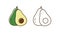 Set of fresh tasty avocado vector illustration in line art and outline style. Colorful and monochrome organic fruit with