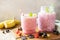 Set of fresh various delicious milkshakes or smoothies with fresh berries.