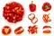 Set of fresh whole and sliced bell pepper isolated on white background. Top view