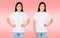 Set front view pretty korean,asian woman in tshirt isolated on pink background,blank