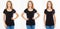 Set front views three women in tshirt isolated on white background, collage girl in black t shirt, blank,woman shirt