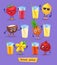 Set of fruit characters and fresh juice. Vector