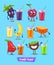 Set of fruit characters and fresh juice. Vector