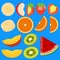 Set of fruit halves. Slices of apple, peach, kiwi, orange, banana, watermelon, strawberry.Vector icons