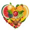 Set of fruit shape heart. Healthy food apple, grapes, melon, watermelon, berry, raspberry, strawberry, sweet cherry