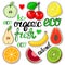 Set fruit stickers: apple, cherry, lemon, pear, banana, mango.