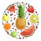 Set of fruits and berries: pineapple, watermelon slices, apples, orange slice, strawberries and blueberries. Summer