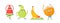 Set of Fruits Characters Sport Exercises and Yoga Meditation. Funny Pear, Banana, Watermelon and Orange Sportsmen