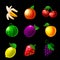 Set of Fruits machine slot icons, lemon, strawberry, grapes, apple, watermelon, plum, banana, peach, cherry. Classic