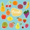 Set of fruits stickers. Cartoon fruits. Fresh and juicy