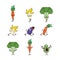 Set of fruits and vegetables doing sport -avocado, carrot, banana, eggplant, broccoli, cartoon vector illustration