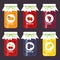 Set of fruity jam jars, orange, strawberry, grape, cherry