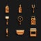 Set Frying pan, Bowl, Jam jar, Grater, Blender, Kitchen hammer, Barbecue fork and Sauce bottle icon. Vector