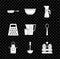 Set Frying pan, Bowl, Measuring cup, Kitchen apron, ladle, Salt and pepper, Grater and icon. Vector