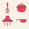 Set Frying pan, Kitchen whisk, Cooking pot and Kitchen extractor fan icon. Vector