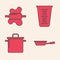 Set Frying pan, Rolling pin on dough, Measuring cup and Cooking pot icon. Vector