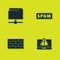 Set FTP folder, Laptop with exclamation mark, Firewall, security wall and Spam icon. Vector