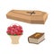 Set funeral. Coffin and Bible. Basket of flowers for burial of d