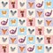 Set of funny animals muzzle horse bat cow elephant fox rat seamless pattern with pink lilac blue square. Vector