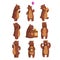 Set with funny bear. Forest animal waving by paw, holding balloon, dancing, howling, calling someone, eating honey from