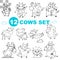 Set of funny black and white cows isolated on a white background