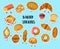 Set of funny bread, bakery characters with human faces stickers, smiling white, rye and whole grain bread, loaf, baguette,