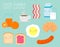 Set of funny breakfast, food funny cartoon characters on background,Vector Illustration.