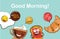 Set of funny breakfast food icons. Cartoon face food emoji. Funny food concept.