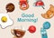 Set of funny breakfast food icons. Cartoon face food emoji. Funny food concept.
