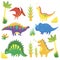 Set with funny cartoon dinosaurs, triceratops, diplodocus, tyrannosaurus, stegosaurus, pterosaur, corythosaurus