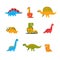 Set of funny cartoon dinosaurs in yellow, red and olive colors. Vector illustration isolated on white background.