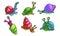 Set of funny cartoon snails with different shell colors. Vector illustration in flat cartoon style.