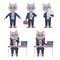 Set of funny characters cat working in office with laptop and documents. Office business manager clerk illustration