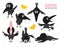 Set of funny crows in different poses. Black raven with cheese. Vector collection for your design