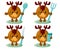 Set of funny cute kawaii moose or deer with round body, spoon, fork, knife and cup in flat design with shadows.