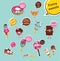 Set of funny desserts and sweets. Cartoon face food emoji. Funny food concept.
