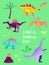 Set of Funny Dinosaurus for Poster Print, Baby Greetings Illustration, Dino Invitation, Children Dinosaur Store Flyer