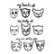A set of funny faces of cats in the style of a hand-drawn.