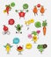 Set of funny fruit and vegetable icons. Cartoon face food emoji. Funny food concept.