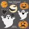 Set of Funny Ghosts and pumpkins. Collection of stickers. Halloween party.