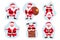 Set of funny happy Santa Claus character with gift, bag with presents, hanging upside down on garland lights, ice skating and more