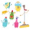 Set of funny house cleaning characters, detergents, bucket, mop, sponge