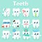 Set of funny icons of teeth. Vector illustration on a blue background. Concept of children s dentistry. Excellent dental